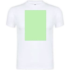 A white adult T-shirt featuring a blank green square area for custom designs. It has a logo on the tag.