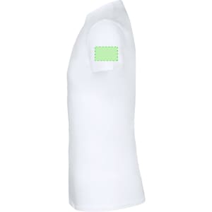 A white adult T-shirt displayed from the side, featuring a logo area on the sleeve.