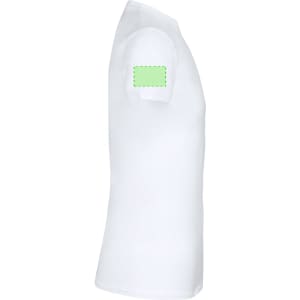 A white adult T-shirt with a simple design and a logo on the sleeve.