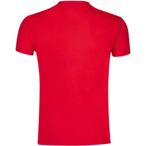 A red adult T-shirt with a round neck and short sleeves, featuring a logo on the back.