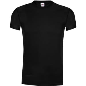 A black adult t-shirt with short sleeves, featuring a tag and a logo.