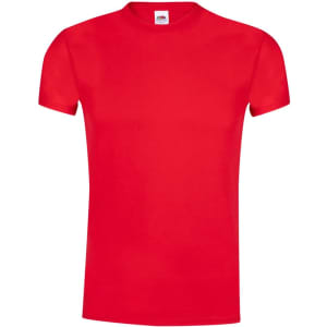 A red short-sleeve t-shirt with a crew neck and a logo on the label.