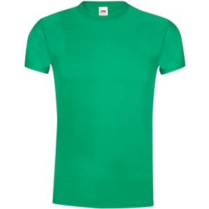 A bright green adult T-shirt featuring a round neck and short sleeves, with a logo on the label.
