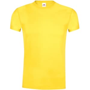 A yellow adult T-shirt with short sleeves and a brand label on the neckline.