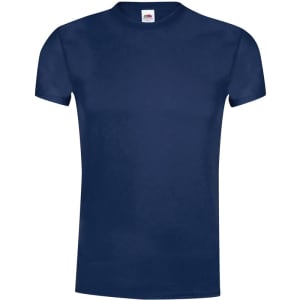 A navy blue adult T-shirt with a round neckline and short sleeves, featuring a logo on the label.