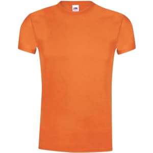 An orange adult T-shirt with a crew neckline and short sleeves. It includes a brand logo on the label.