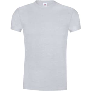 A grey adult t-shirt with a round neckline and short sleeves. It features a logo at the neck.