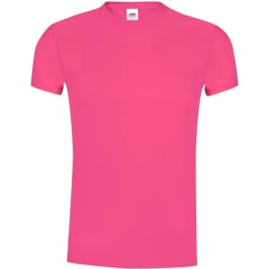 A pink adult T-shirt featuring a simple design and a label at the neckline. It has a logo on the label.
