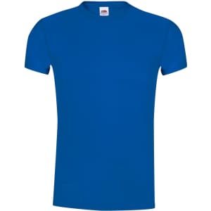 A blue adult T-shirt with short sleeves and a label. The shirt features a logo on the neck.