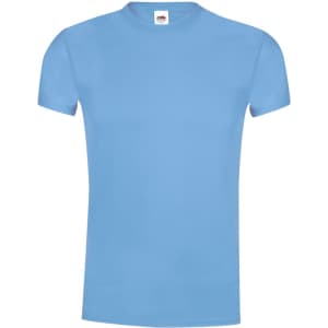 A blue short-sleeved adult T-shirt with a logo on the label.