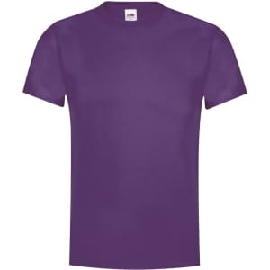 A purple adult T-shirt with a round neck and short sleeves, featuring a logo on the label.