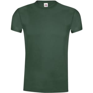 A green adult t-shirt featuring a simple design and a logo on the label.