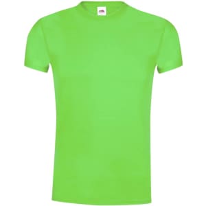 A bright green adult T-shirt with a round neckline and short sleeves, featuring a logo on the label.