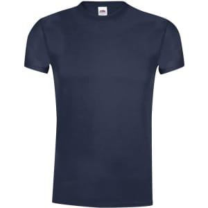 A navy blue adult T-shirt with a round neckline and short sleeves, featuring a logo.