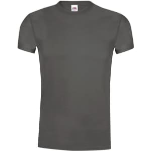 A grey adult T-shirt with a classic crew neck design and short sleeves, featuring a brand logo.