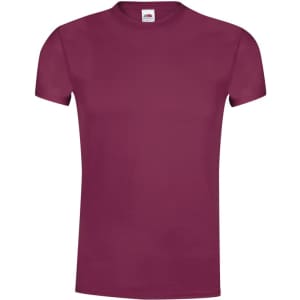 A maroon adult t-shirt, short-sleeved, featuring a logo on the label.