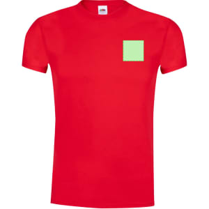 A red adult T-shirt featuring a small green square patch and a logo on the neckline.