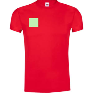 A red adult T-shirt featuring a green square patch on the chest area. The shirt has short sleeves and a classic fit.
