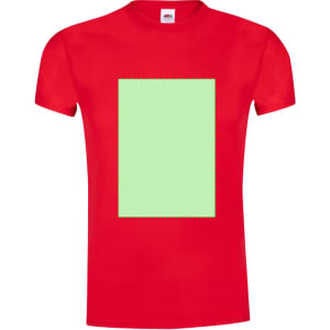 A red adult t-shirt featuring a blank green rectangle shape. The shirt has a logo location.