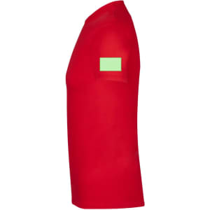 A red adult T-shirt featuring a patch on the sleeve and a classic crew neck design.