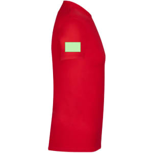 A red adult t-shirt featuring a logo on the sleeve. The shirt has a fitted, short-sleeve design.