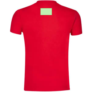 A red adult T-shirt with a blank green section on the back. It features a fitted design and short sleeves.
