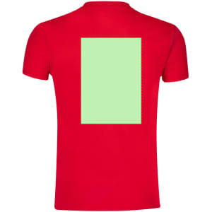 A red adult T-shirt featuring a rectangular green area on the back. The shirt has a logo.