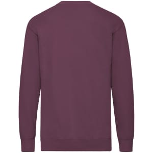 A maroon adult sweatshirt with a set-in sleeve design and ribbed cuffs. The back view shows a simple, unembellished style.