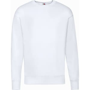 A white adult sweatshirt with a round neckline and long sleeves, featuring a logo.