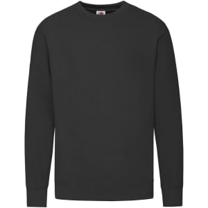 A black adult sweatshirt with a crew neck and long sleeves. It has a logo on the label.