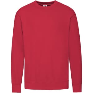A red Lightweight Set-In S Adult Sweatshirt with long sleeves and a crew neckline. It features a logo on the label.