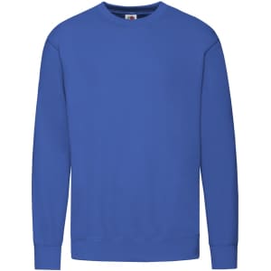 A vibrant blue adult sweatshirt with a round neckline and long sleeves, featuring a logo on the label.