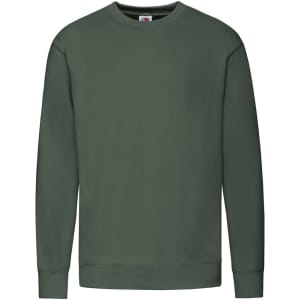A green lightweight set-in sweatshirt with long sleeves and a crew neck design. Features a logo on the label.
