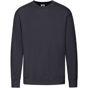 A dark navy sweatshirt with a crew neckline and long sleeves, featuring a logo on the front.