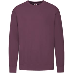 A lightweight maroon adult sweatshirt with a classic crew neckline and long sleeves, featuring a logo.