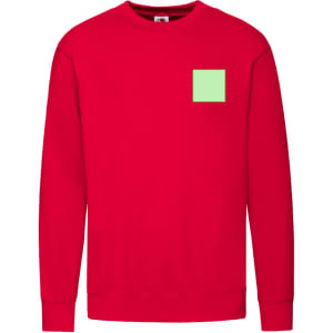 A red adult sweatshirt featuring a small green patch and a logo on the front.