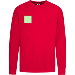 A red adult sweatshirt featuring a green square patch and a logo on the front. Ideal for casual wear.