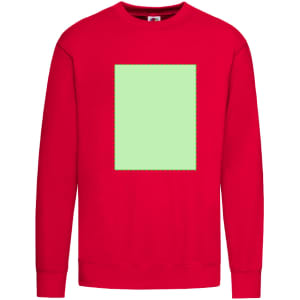 A red sweatshirt with a rectangular green area on the front and a logo on the neckline.