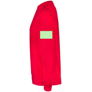 A red sweatshirt with a long sleeve and a green rectangular patch on the arm. Features a logo on the patch.