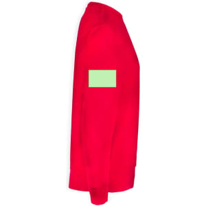 A red adult sweatshirt featuring a green patch on the sleeve and a classic crew neck design.