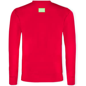 A red adult sweatshirt with a label at the back. It features long sleeves and a classic fit.