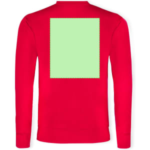 A red sweatshirt with long sleeves and a blank green square area on the back. It features a logo.
