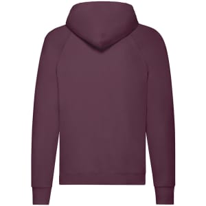 A maroon lightweight hooded adult sweatshirt with a simple design and a logo on the back.