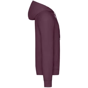 A maroon lightweight hooded sweatshirt for adults, featuring a logo on the front and a full-length zipper.