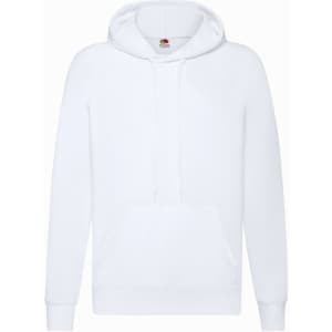 A white lightweight hooded sweatshirt with a front pocket and a logo on the label.