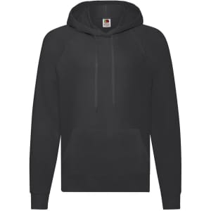 A black lightweight hooded adult sweatshirt with a front pocket and a drawstring hood, featuring a logo.