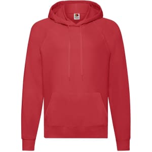 A red lightweight hooded sweatshirt with a kangaroo pocket and a logo on the front.