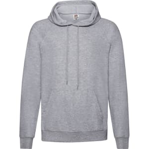 A lightweight hooded sweatshirt in light grey with a double-layered hood and a front kangaroo pocket. It has a logo.
