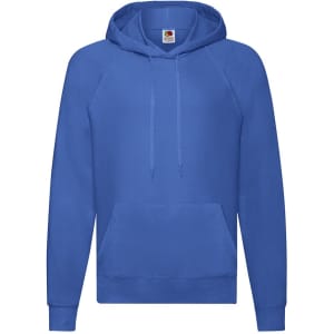 A blue lightweight hooded sweatshirt with a front pocket and a logo. Suitable for casual wear.