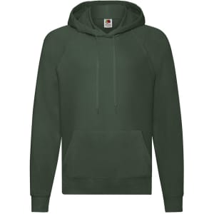 A green lightweight hooded sweatshirt featuring a front pouch pocket and a logo on the label.